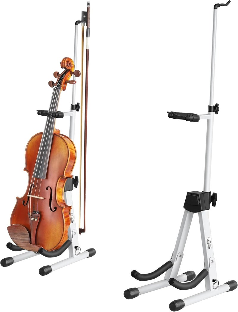 Augioth New Upgraded Anti-Tipping Design in Violin Stand with Bow Holder. Adjustable height, non-slip base, and protective head lock. Foldable and portable design for violins, violas, mandolins, and ukuleles.（White） - Image 1